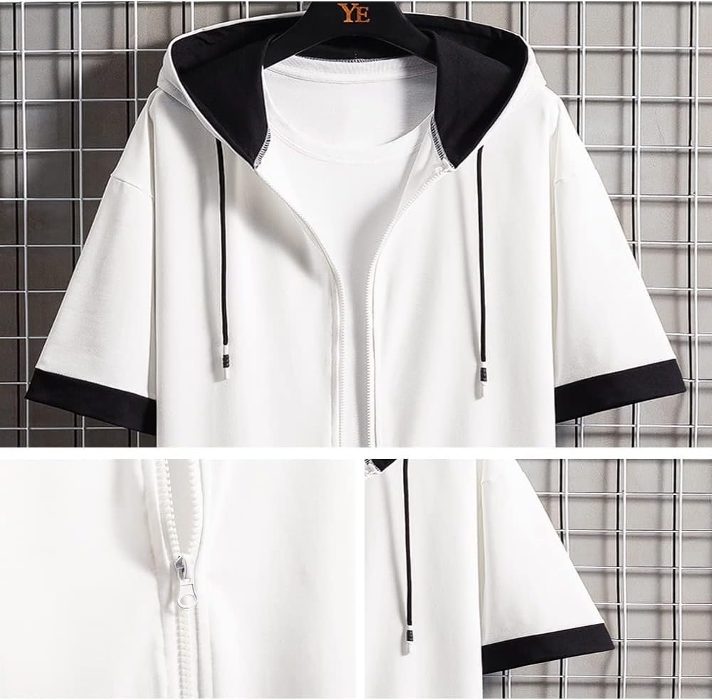 Foveitaa Men's Summer Hoodie、Tシャツ、半袖、半袖、ゆるい、スタイリッシュ、大きなサイズ、ジップアップ、シンプル、スタイリッシュ、ビッグ、シルエット、レイヤースタイル、フード付き、クール、カーディガン - 이미지 6