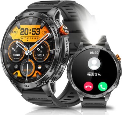 メンズスマートウォッチ、ラウンド、1.75インチ超大画面、通話機能、ライン/メッセージ通知、懐中電灯、軍事仕様、8〜12日間の持続可能、防水、一定のディスプレイ、人気、