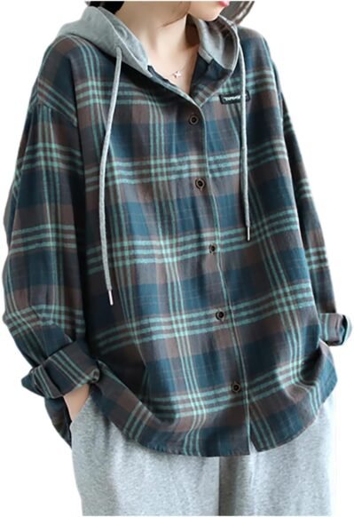 Emeluse Women’s Plaidシャツ、フード付き、ゆるい、カジュアル、パーカー、春、秋、冬