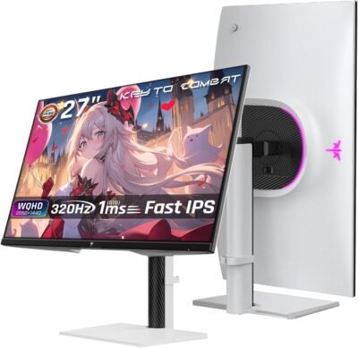 KTCモニター27インチ、ホワイトゲーミングモニターWQHD（2560×1440）高速IPS/300Hz/1ms、127％SRGB、高輝度400CD/㎡、低青色光、フリッカーフリー、Freesync＆G-Sync、2 HDMI、1 DP、3年間の保証、PS5