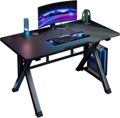 rshtongデスクコンピューターデスクゲーミングゲーミングデスクデスク幅80cm x 60cm深さカーボンファイバーボードテーブルトップk形状の脚構造デザインホーム、オフィス、ワークステーション用の双方向ケーブルホール付きデザイン、