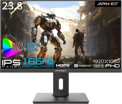 JapanNext 23.8インチの高さスタンドIPSフルHD（1920×1080）ゲームモニターJN-238I165FHDR-HSP 1MS（MPRT）165Hzリフレッシュレートサポート、HDMI DP SRGB100％DCI-P3 91％