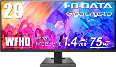 IOデータIODATA EX-LDGCWF291SDBゲームモニター、29インチGigacrysta 75Hz、1.4ms WFHD（PS5/AMD FreeSync/2 HDMI/DisplayPort/Speakerが含まれ、3年間の保証、週末のサポート）