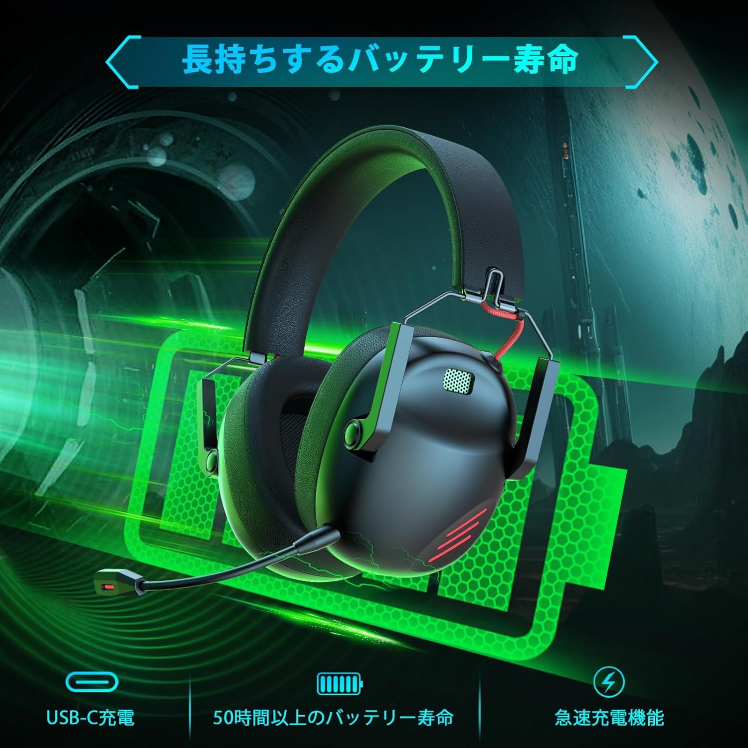 Kapeydesiゲームヘッドセット、ゲームヘッドセット、ワイヤレスヘッドセット、ワイヤレスヘッドフォン、2.4G USBアダプター、Bluetooth 5.3、有線3方向接続、50mmドライバー、低レイテンシーヘッドセット、60時間の連続 - 이미지 3