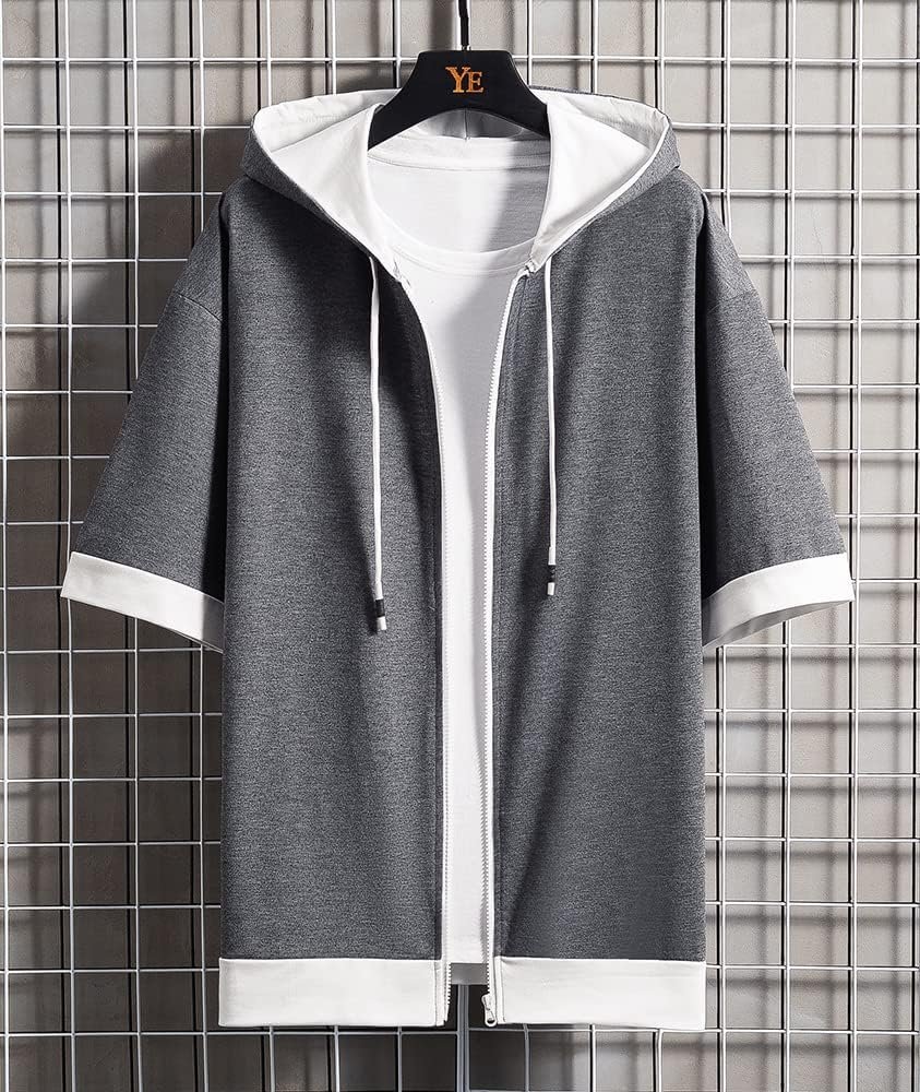 Foveitaa Men's Summer Hoodie、Tシャツ、半袖、半袖、ゆるい、スタイリッシュ、大きなサイズ、ジップアップ、シンプル、スタイリッシュ、ビッグ、シルエット、レイヤースタイル、フード付き、クール、カーディガン - 이미지 2