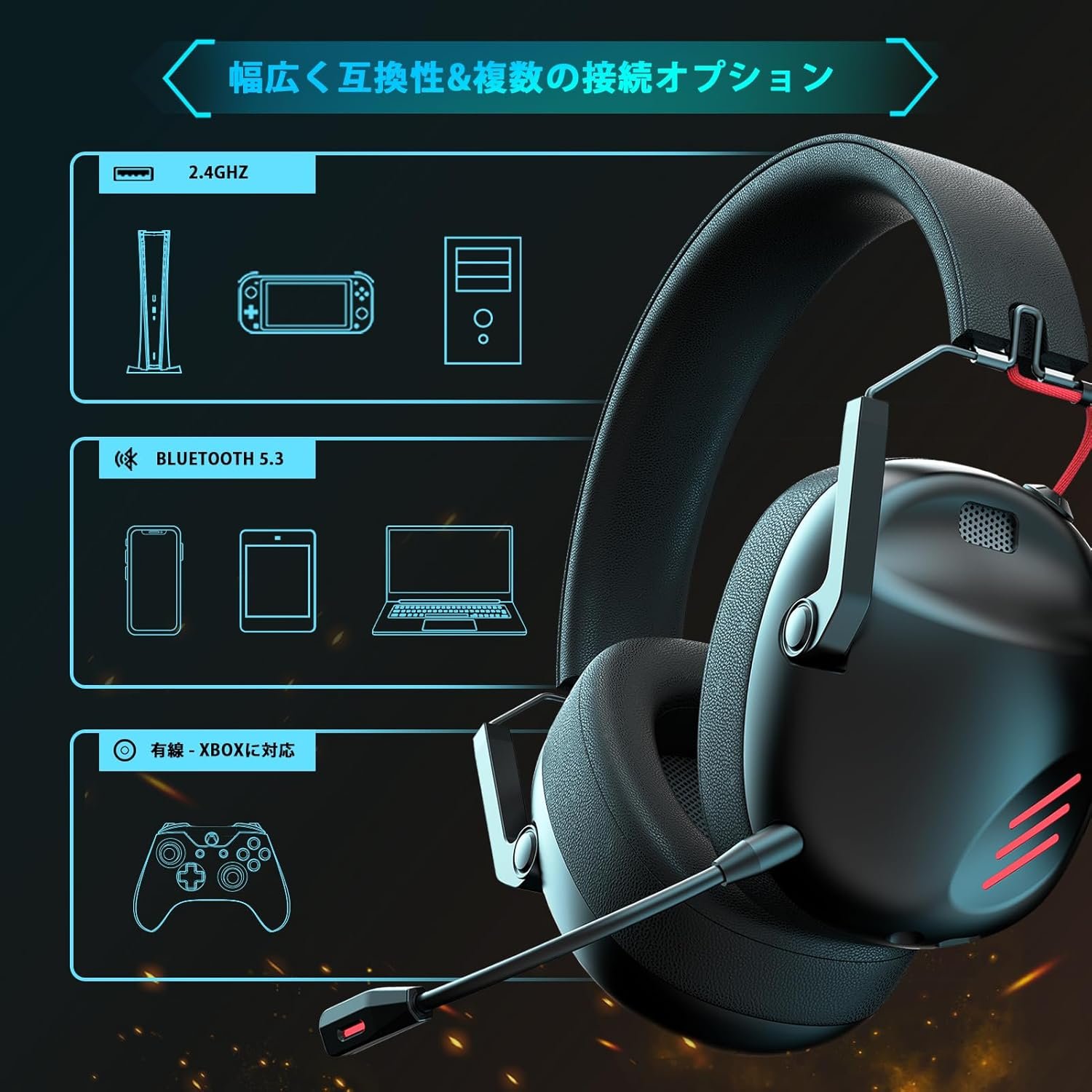 Kapeydesiゲームヘッドセット、ゲームヘッドセット、ワイヤレスヘッドセット、ワイヤレスヘッドフォン、2.4G USBアダプター、Bluetooth 5.3、有線3方向接続、50mmドライバー、低レイテンシーヘッドセット、60時間の連続 - 이미지 6