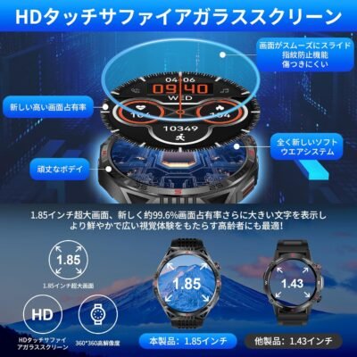Smart Watch（2024 Evolution Model、1.85インチ超大画面、軍事仕様、2種類のベルト、高輝度懐中電灯、サファイアガラス）、iPhone、Android互換性、互換性、