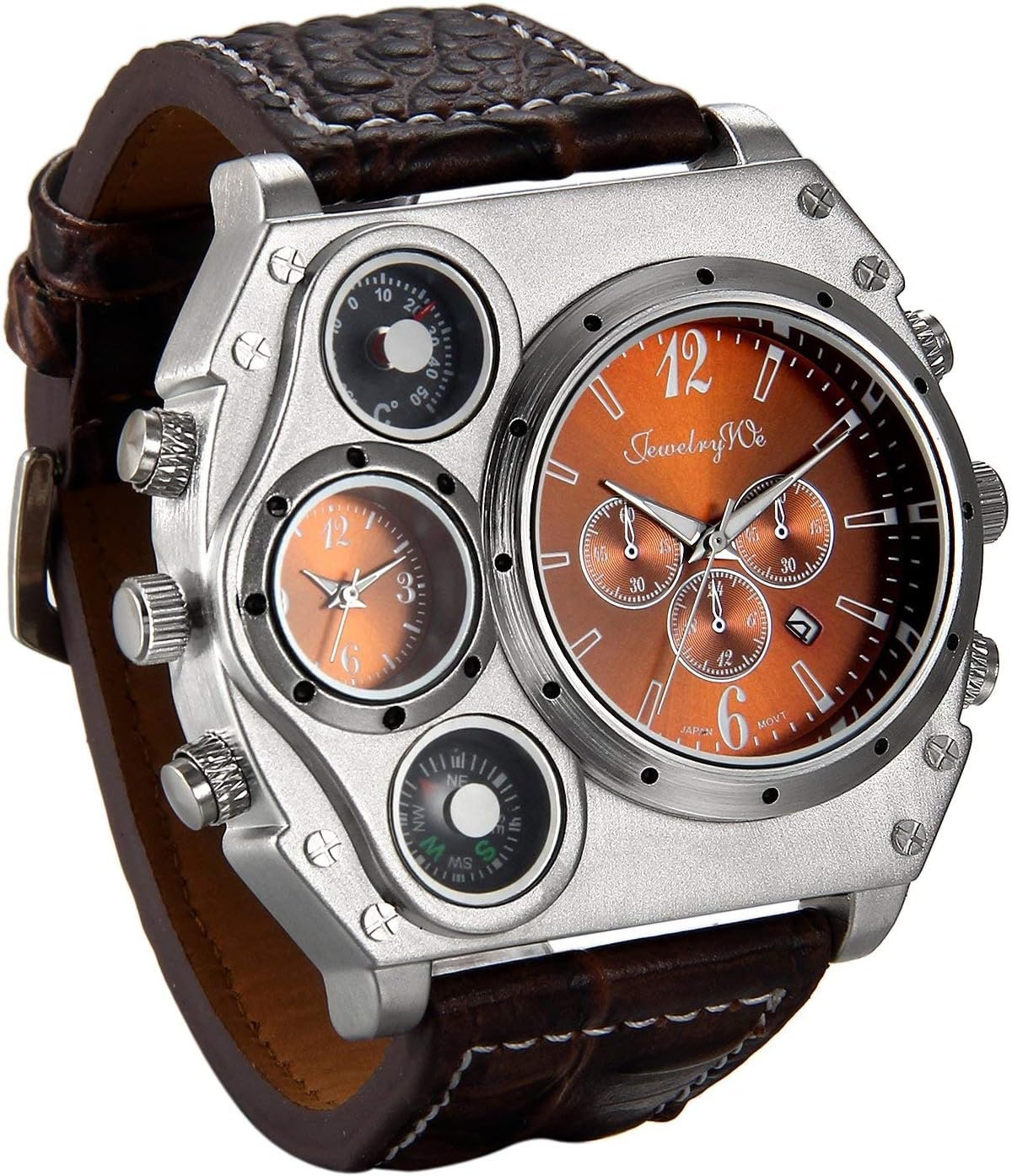 ジュエリーウェイメンズウォッチ、スポーツウォッチ、防水、日本の石英、アナログディスプレイ、デュアルタイム、ホーン、ファッション、アクセサリー、オレンジ色、ギフトボックス、ブラウン