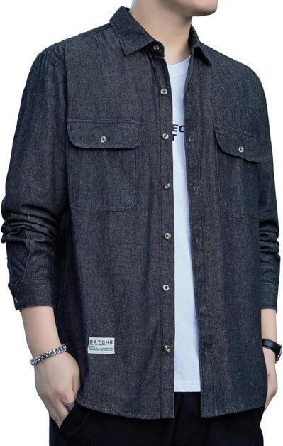 Fasshonrida Denim Shirt, Men’s, Autumn Clothes, Washed, Long Sleeve Shirt, Western Shatsu, Cotton, Top, Cool, Work Shirt, Bleached Shirt, Casual Clothes, Fashionable, Outerwear, Street-Style, Slim Fit