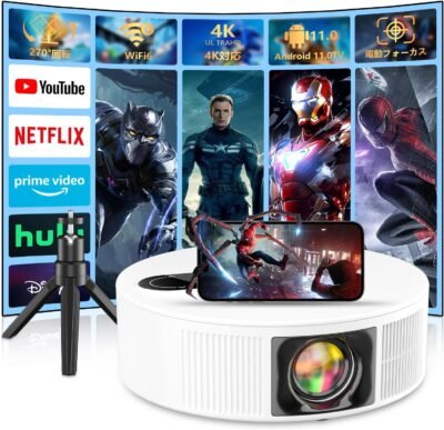 vanbarプロジェクター、小、270°回転、電気焦点、ウルトラ軽量。 Android TV 11.0、4K、天井投影、18,000 LM高輝度、ホームプロジェクター、50％ズーム機能、5と互換性があります。