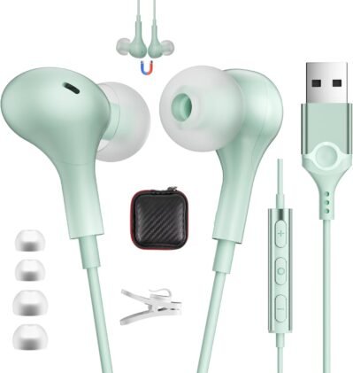 (2024 New Release) Earphones, USB Wired Earbuds, Microphone Included, 6.3 ft (2.3 m) PC Gaming Headphones, Lightweight, Magnetic Design, Calls, Volume Control, Web Conferencing, Telework, Remote Work,