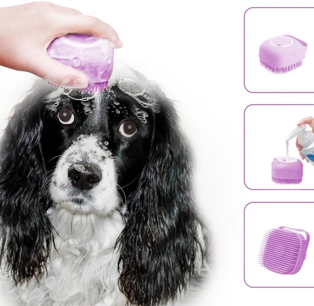 ドッグバスブラシ、柔らかいシリコーンペットシャンプーマッサージディスペンサーグルーミングシャワーブラシ - ケア用品付きパッケージボックスシャンプー(紫) - 이미지 4