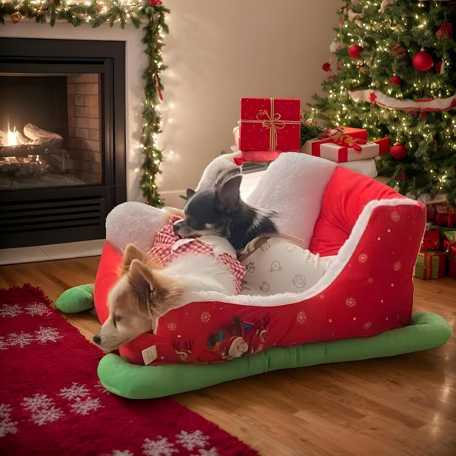 レッドクリスマス猫犬用ベッド -リラックスできる犬用ベッド、かわいいそりデザインのペットソファ | 洗える犬用家具、柔らかく快適な安眠ペットベッド、猫、犬、子犬、子猫用の居心地の良い犬用ベッド - 이미지 2