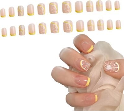 Deventorz Nail Tips、24、黄色、かわいい、マニキュアパッチ、特別なデザイン台形スタイル、レモンとDIYの短いネイルデコレーション、人気のネイル用品