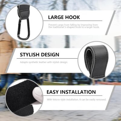 魅力的な装飾ベビーカーフック、カラビナー、バギーフック、合成革、2ピースの組み合わせ、ベビーカー荷物フック、負荷容量：約55.1ポンド（25 kg）、ベルクロタイプ、調整可能、軽量、