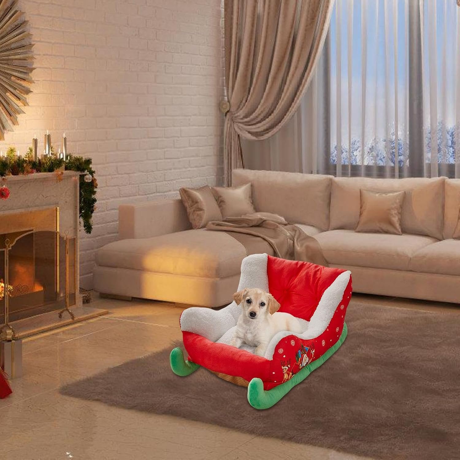 レッドクリスマス猫犬用ベッド -リラックスできる犬用ベッド、かわいいそりデザインのペットソファ | 洗える犬用家具、柔らかく快適な安眠ペットベッド、猫、犬、子犬、子猫用の居心地の良い犬用ベッド - 이미지 8