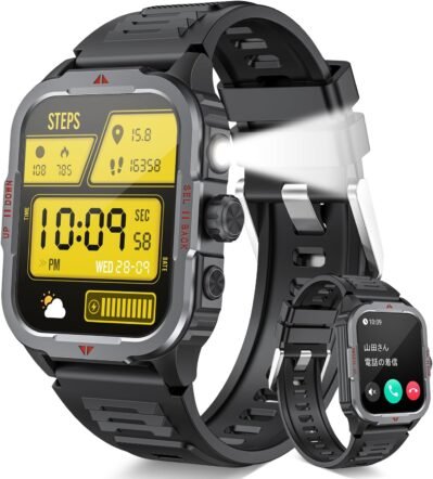 Smart Watch（2024 New Design）、1.85インチの大画面、懐中電灯、軍事基準、Bluetooth 5.3コール、IP68防水、防塵、衝撃、スポーツウォッチ、iPhone互換、Android互換、