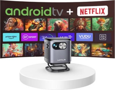 Wimius Q2プロジェクター、小型（Android TVを含む、DLP、360°天井投影、自動垂直キーストーン補正、短焦点、静かな、ダストプルーフ）、屋外/家庭/5G WiFi/Bluetooth 5.2/hifi