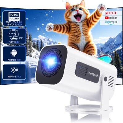 WiFiとBluetoothを備えたミニプロジェクター、180°調整可能なスタンドスマートプロジェクターAndroid TV 11.0、150 “ポータブルプロジェクター、2.4g/5g、ネイティブ1080p、300 ANSI、Auto Keystone Support、屋外/ホームムービー、