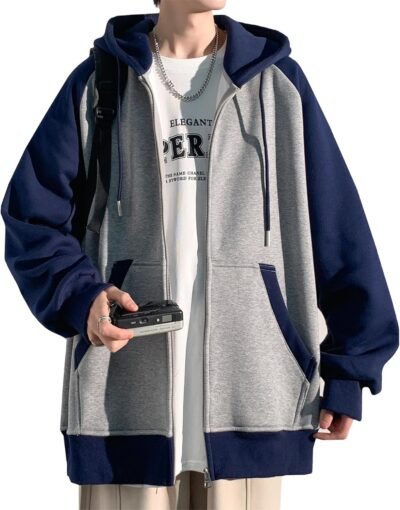 Fasshonrida Men’s Zipフーディー、秋の服、フルジップ、ラグランパーカ、大規模、オーバーウェア、クール、ジップアップパーカー、スウェットシャツ、ジップライトアウトウェア、スタイリッシュ、衣服、配色、秋、冬、春