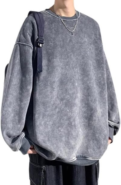 Foveitaaメンズスウェットシャツ、秋の服、長袖、プルオーバー、パーカー、Tシャツ、大きなサイズ、ルーズフィット、プレーン、ビッグ、シルエット、スタイリッシュ、ドロップショルダー、春と秋の服、カジュアル、シンプル、シンプル、