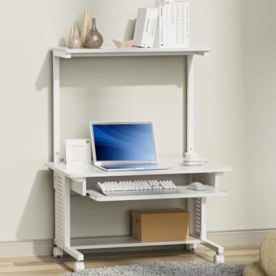 デューエルローデスク、コンピューターデスク、低いタイプ、コンピューターラック、テレワーク用、PCデスク、低いタイプ、ストレージシェルフ、キーボードテーブル、ロー、プリンターラック、ホイール、デスクの移動に便利、ストレージラック、