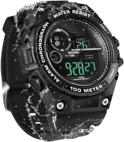 100m水中スキューバダイビングメンズボーイズウォッチストップウォッチクロノグラフアラームデュアルタイムゾーン12/24時間形式、ブラック、ミリタリー