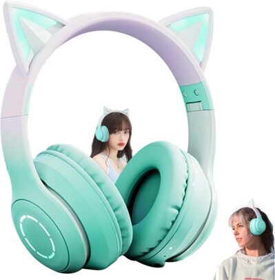 猫の耳ヘッドフォン、Bluetooth 5.1、オーバーイヤーヘッドフォン、ワイヤレス、デュアル使用、ワイヤレスヘッドフォン、取り外し可能なマイク、TFカード互換、3.5mm有線、ワイヤレス、Bluetoothノイズキャンセリング、ヘッドフォン、LED