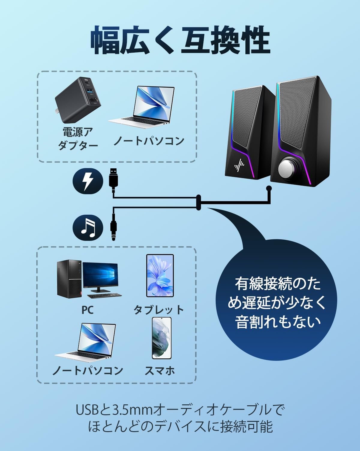Nylavee PCゲームスピーカー6 LEDモード付きPCスピーカー2強化ベースポートラップトップ、タブレット、スマートフォン、USB搭載PC用の3.5mmケーブルを備えた2つのスピーカーユニット - 이미지 4