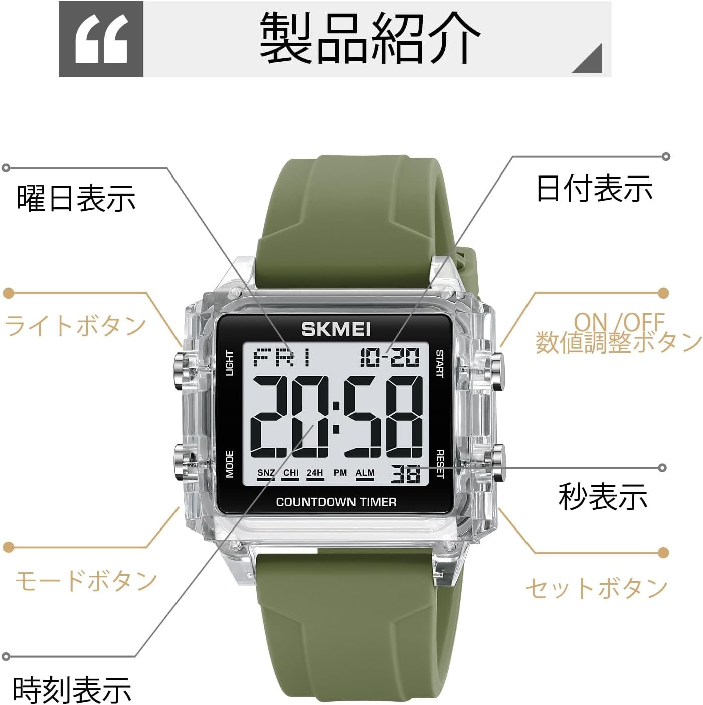 Datirzyxキャピタルレターデジタルウォッチ、メンズウォッチ、夜の読みやすい、多機能時計、正方形、スポーツウォッチ、防水時計、作業時計、LEDウォッチ、日本のバッテリー、日本語指導 - 이미지 9