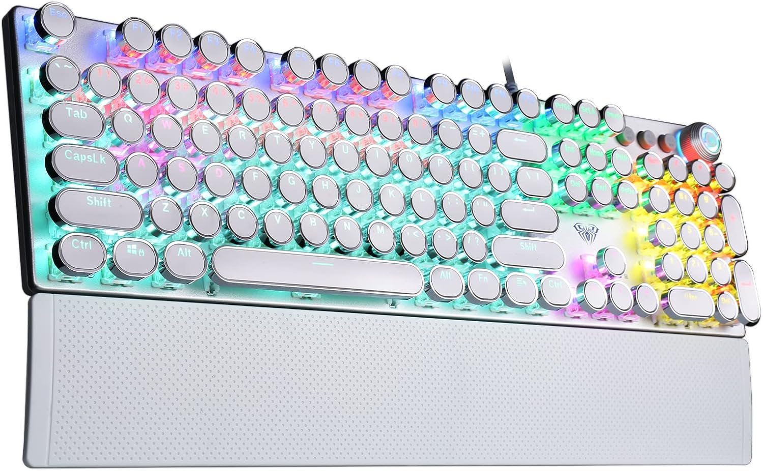Aula F2088 Typewriter Style Style Mechanical Gaming Keyboard Rainbow LED Backlight Removable Rest Media Control Knob Retro Punk Round Key Cap USB Wired Computer Keyboard White