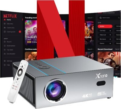 Xnano Projector for Home使用、高輝度、500 ANSI 1080p、オートフォーカス、自動キーストーン補正、自動スクリーンフィット、自動障害物回避、5G + 2.4 g、Wi-FiおよびBluetooth互換、