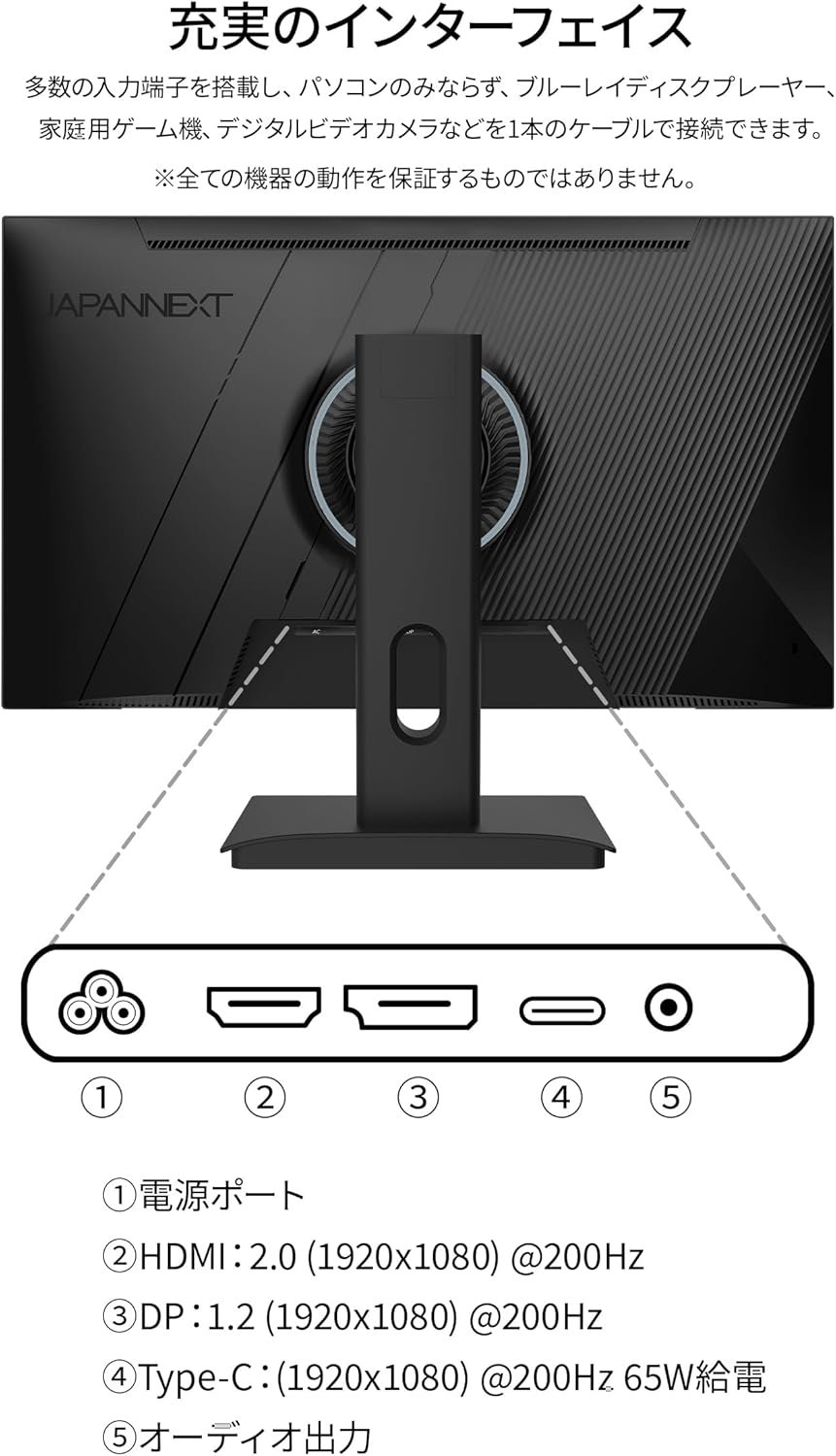 JapanNext JN-IPS238G200F-C6ゲーミングモニター、23.8インチIPSパネル、200 Hzサポート、フルHD(1920 x 1080)解像度、0.5 ms(MPRT)、HDMI DP、USB Type-C(最大65W電源)、SRGB:100%DCI-P3:93%:93% - 이미지 5