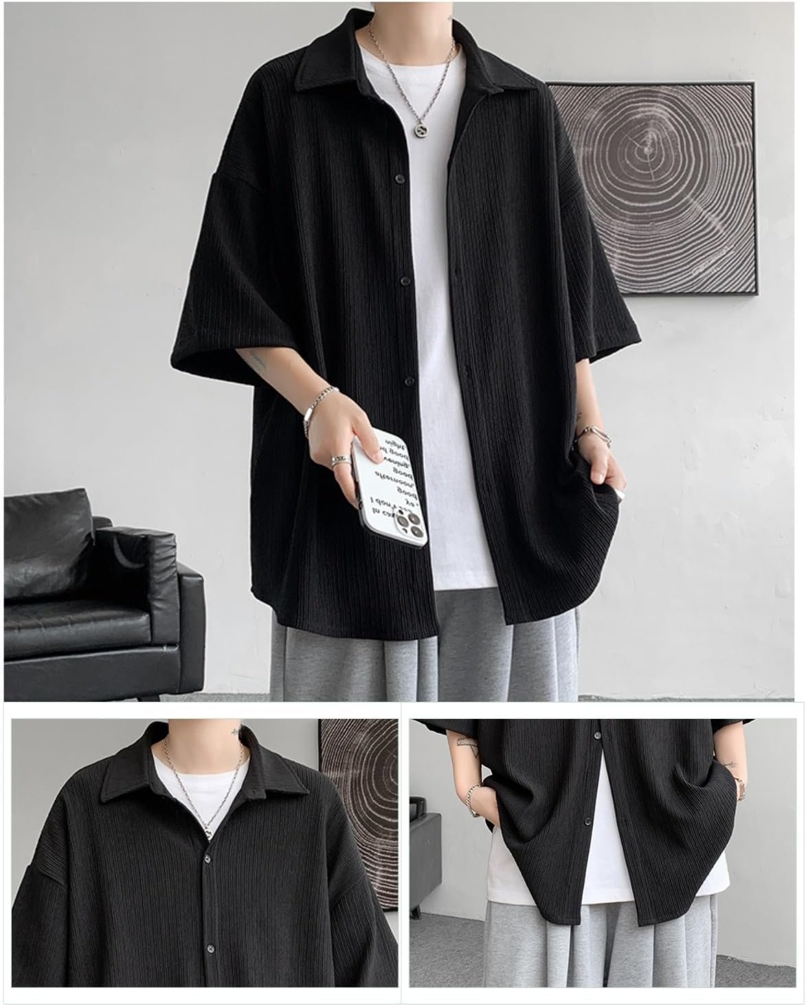 Foveitaa Men's Shirt、夏の服、半袖、寒い感覚、通気性、シャツ、大規模、ビジネスカジュアルなシャツ、ゆったり、スタイリッシュ、夏のためのスタイリッシュ、クール、クール、服、軽量、柔らかい、クール、 - 이미지 5