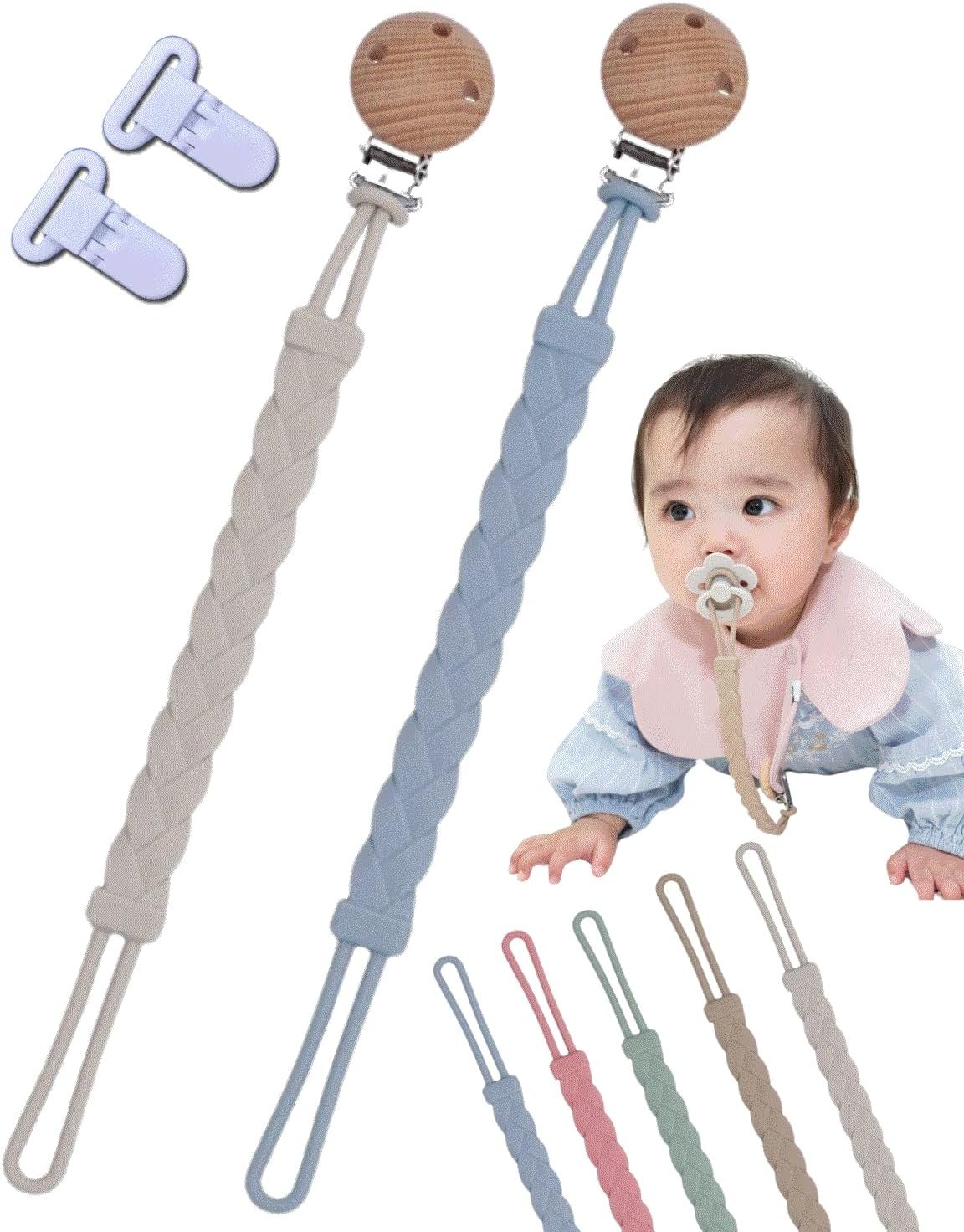 Rinaty Silicone Pacifier Holder、6のセット、おもちゃストラップ、2つの片手リムーバブルクリップ、2つのクラシック木製クリップ(パウダーブルーXライトアイボリー)