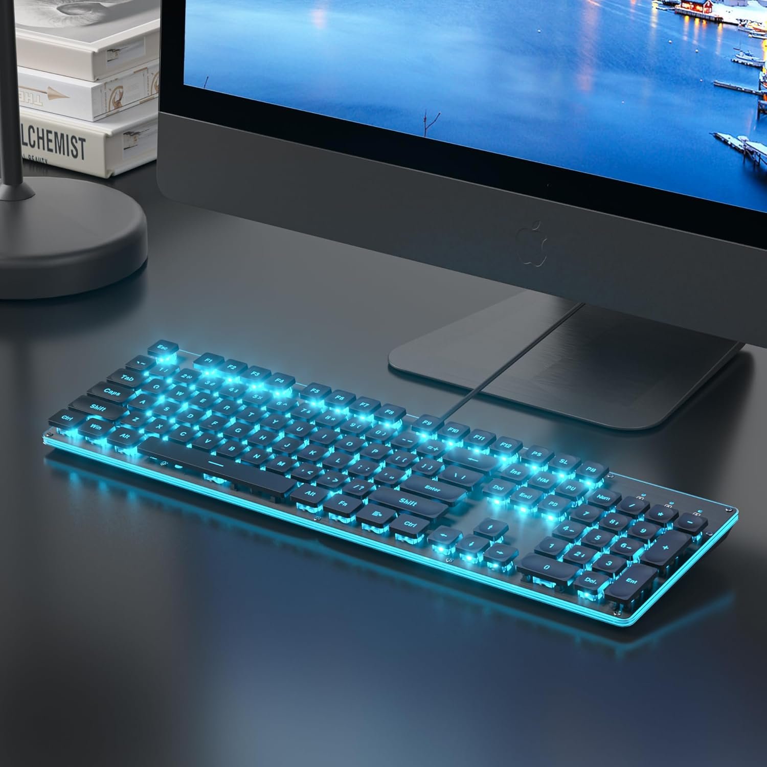 ブラックコンピューターキーボード、フルサイズのタイプライター、静かなバックライト付きオフィスゲームキーボード、パンククールなスクエアキー、ラップトップ用のメタルパネル、PCデスクトップ(G1000Black) - 이미지 6