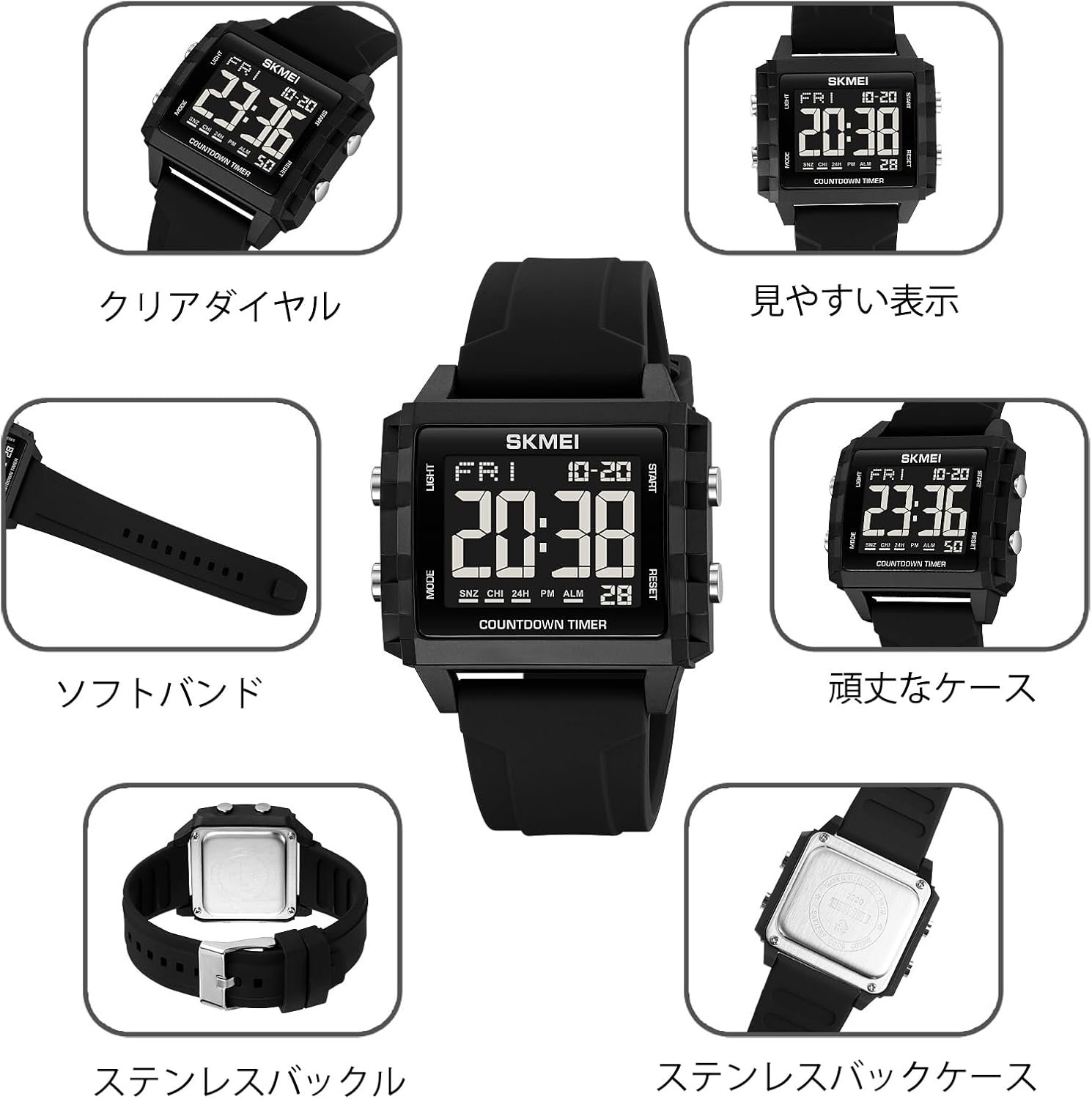 Datirzyxキャピタルレターデジタルウォッチ、メンズウォッチ、夜の読みやすい、多機能時計、正方形、スポーツウォッチ、防水時計、作業時計、LEDウォッチ、日本のバッテリー、日本語指導 - 이미지 7