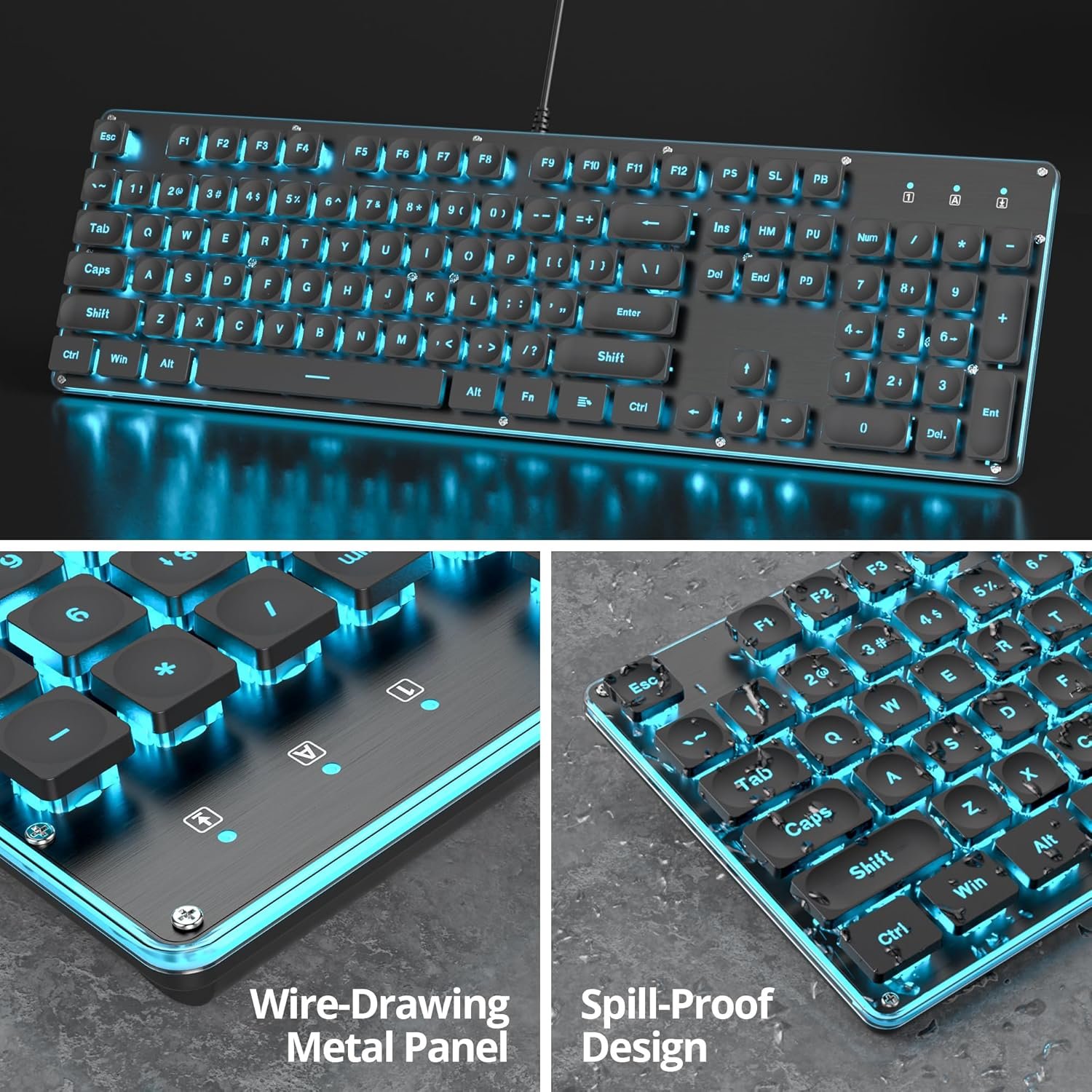 ブラックコンピューターキーボード、フルサイズのタイプライター、静かなバックライト付きオフィスゲームキーボード、パンククールなスクエアキー、ラップトップ用のメタルパネル、PCデスクトップ(G1000Black) - 이미지 2