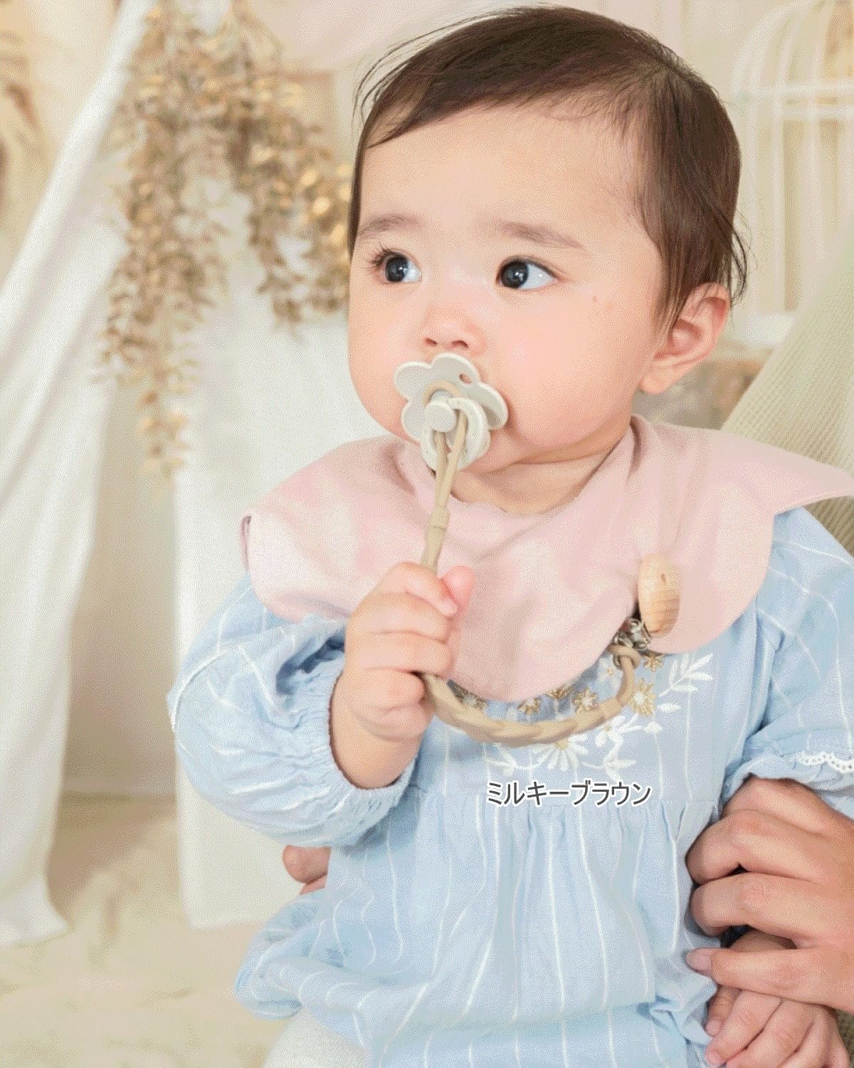 Rinaty Silicone Pacifier Holder、6のセット、おもちゃストラップ、2つの片手リムーバブルクリップ、2つのクラシック木製クリップ(パウダーブルーXライトアイボリー) - 이미지 3