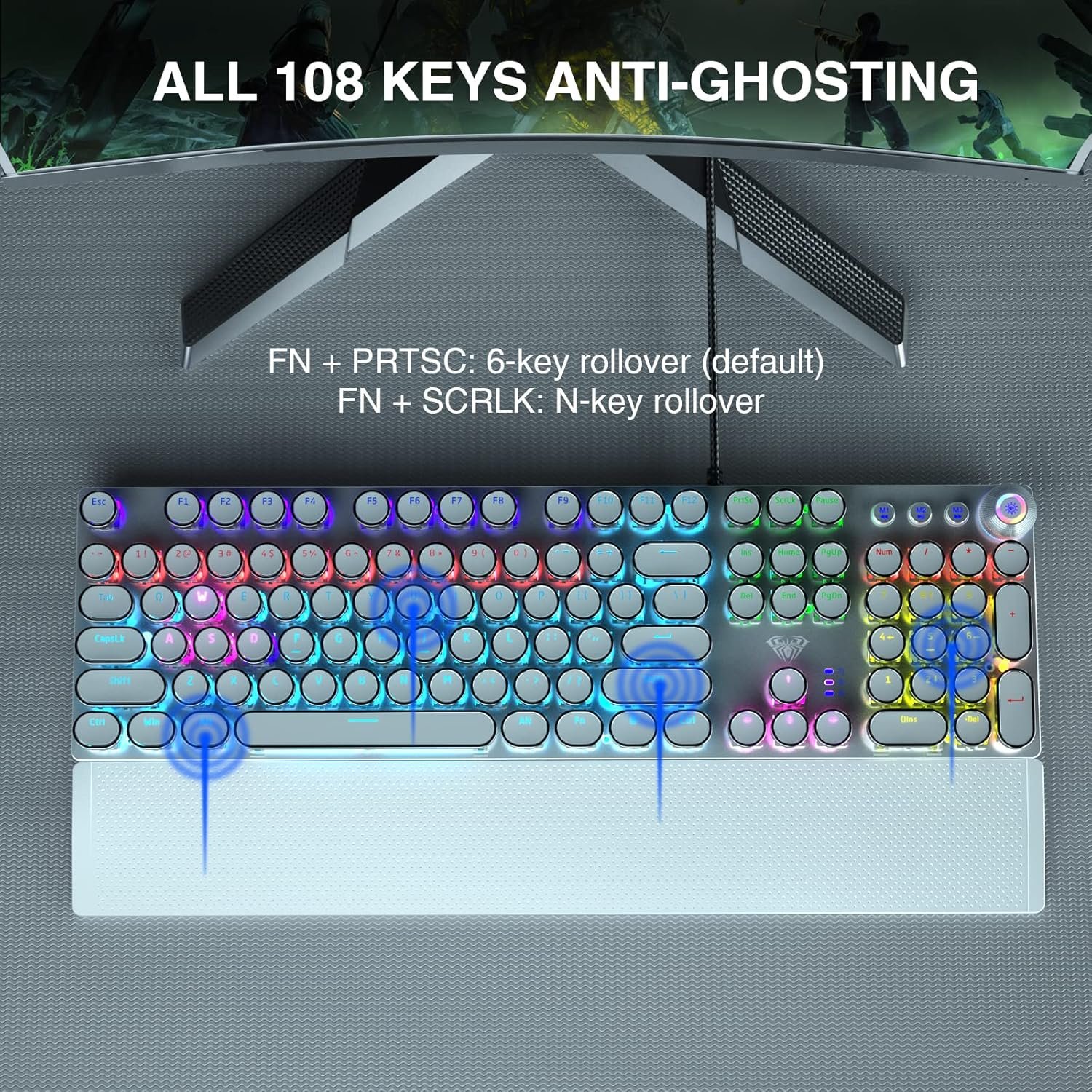 Aula F2088 Typewriter Style Style Mechanical Gaming Keyboard Rainbow LED Backlight Removable Rest Media Control Knob Retro Punk Round Key Cap USB Wired Computer Keyboard White - 이미지 6