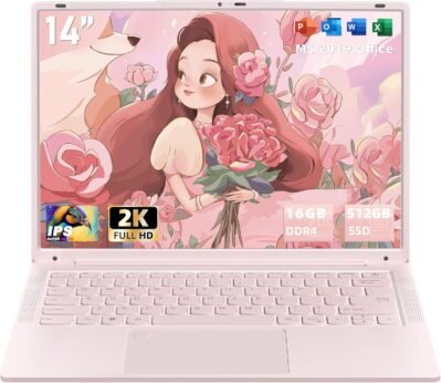 14.1インチピンクのラップトップ [With Windows 11 Pro/Office 2019] 薄くて軽量のラップトップセレロンN5105 2.0-2.9 GHz/DDR4 16GBメモリ/高速SSD 512GB/2K UHD/USB 3.0*2/HDMI/WIFII 5/TYPE-C/3MP