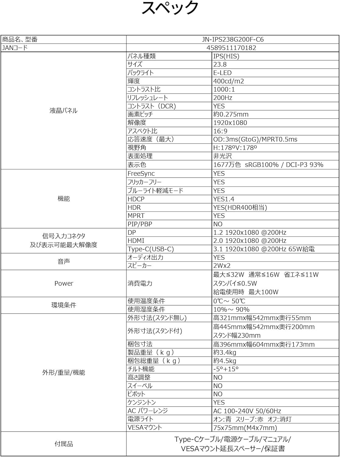 JapanNext JN-IPS238G200F-C6ゲーミングモニター、23.8インチIPSパネル、200 Hzサポート、フルHD(1920 x 1080)解像度、0.5 ms(MPRT)、HDMI DP、USB Type-C(最大65W電源)、SRGB:100%DCI-P3:93%:93% - 이미지 7