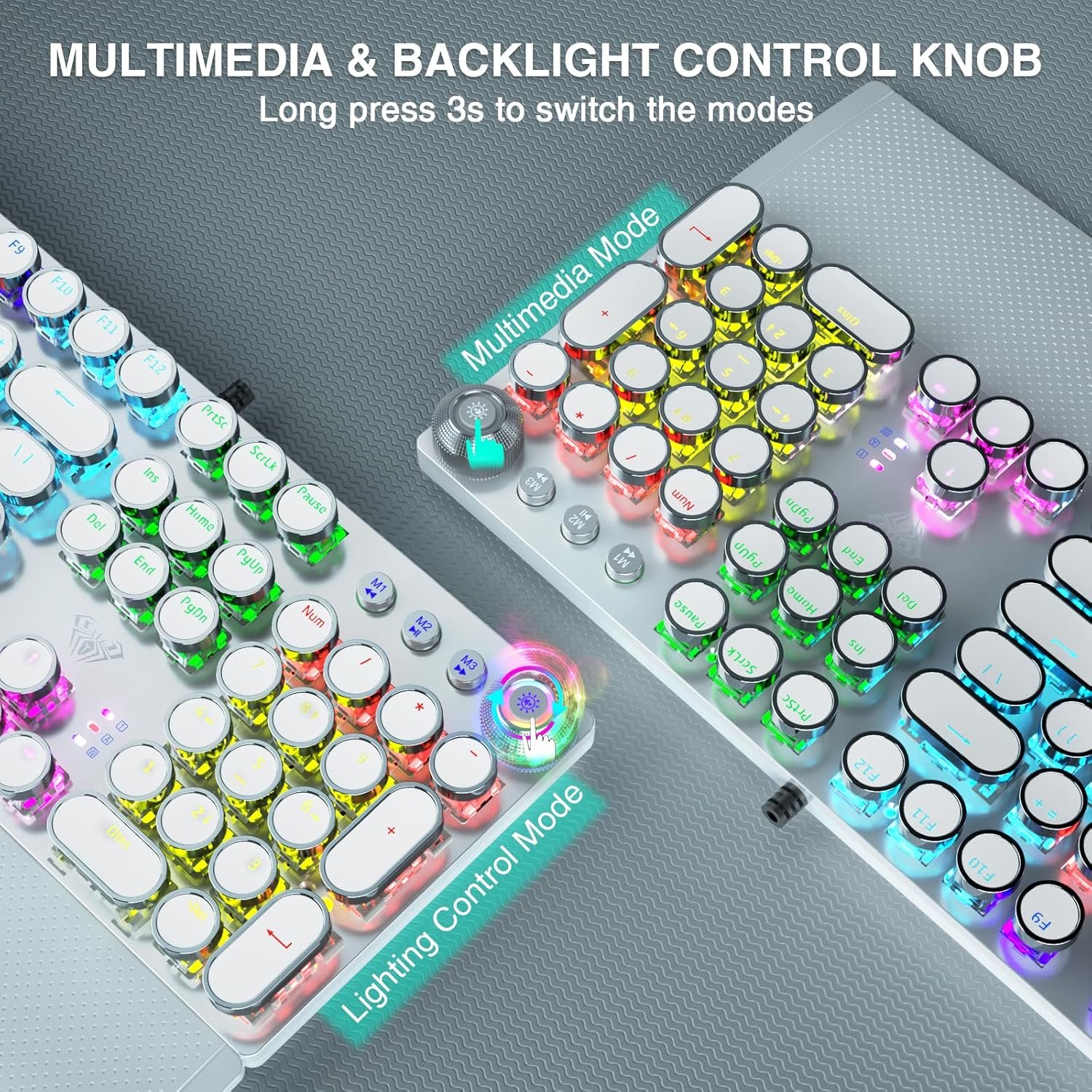 Aula F2088 Typewriter Style Style Mechanical Gaming Keyboard Rainbow LED Backlight Removable Rest Media Control Knob Retro Punk Round Key Cap USB Wired Computer Keyboard White - 이미지 5