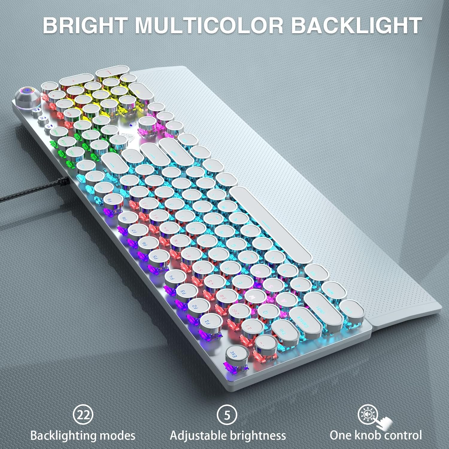 Aula F2088 Typewriter Style Style Mechanical Gaming Keyboard Rainbow LED Backlight Removable Rest Media Control Knob Retro Punk Round Key Cap USB Wired Computer Keyboard White - 이미지 4
