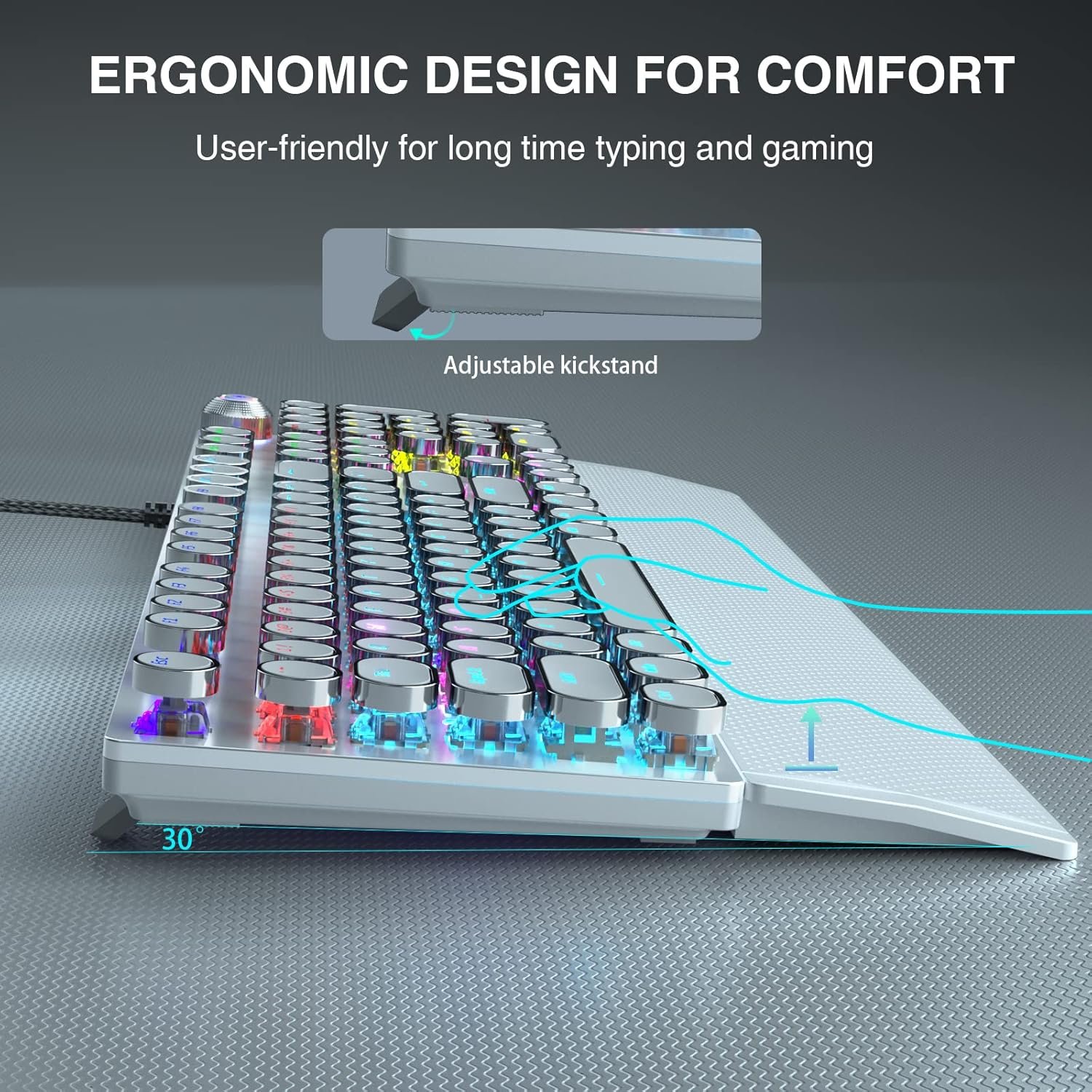 Aula F2088 Typewriter Style Style Mechanical Gaming Keyboard Rainbow LED Backlight Removable Rest Media Control Knob Retro Punk Round Key Cap USB Wired Computer Keyboard White - 이미지 7