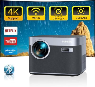 家庭用のトップトロプロジェクター（高輝度750 ANSI/4K互換/オートフォーカス/オートキーストーン補正/WiFi 6）Bluetooth 5.2 300インチ大画面50％ズーム、ダストプルーフデザイン、ショートフォーカス、ホーム