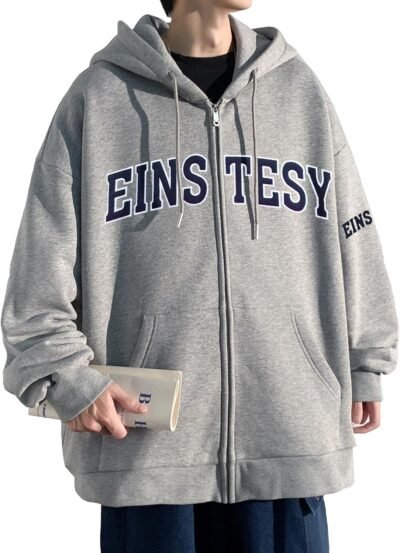 Fasshonrida Men’s Zip Hoodie、Brushed Fleece、秋と冬の服、熱断熱材、ジップアップパーカー、暖かい、ジップトップ、フルジップ、アウターウェア、フーディー、スタイリッシュ、サガラ刺繍、英語