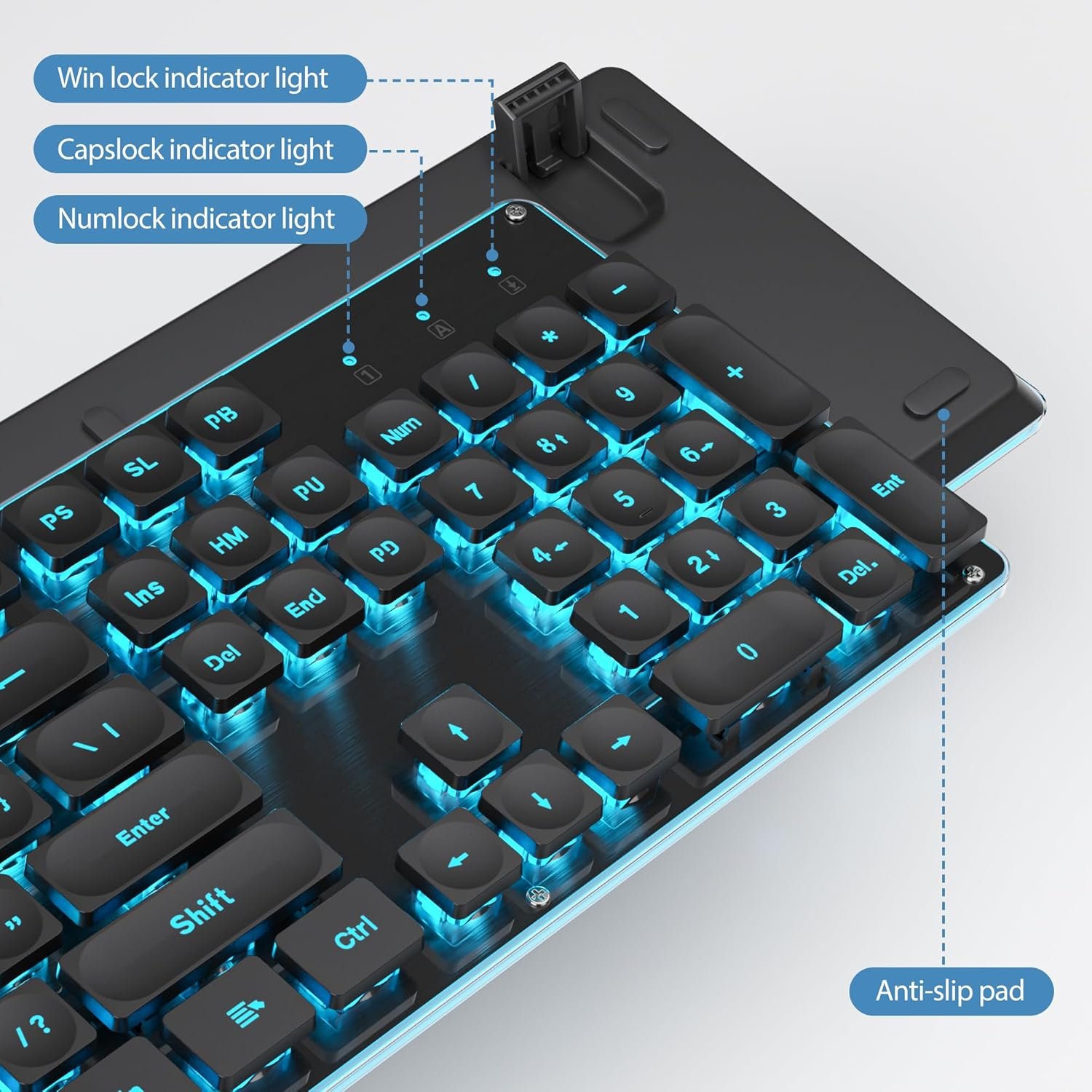 ブラックコンピューターキーボード、フルサイズのタイプライター、静かなバックライト付きオフィスゲームキーボード、パンククールなスクエアキー、ラップトップ用のメタルパネル、PCデスクトップ(G1000Black) - 이미지 8