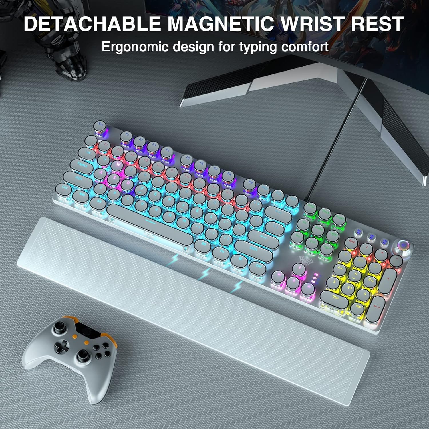 Aula F2088 Typewriter Style Style Mechanical Gaming Keyboard Rainbow LED Backlight Removable Rest Media Control Knob Retro Punk Round Key Cap USB Wired Computer Keyboard White - 이미지 2
