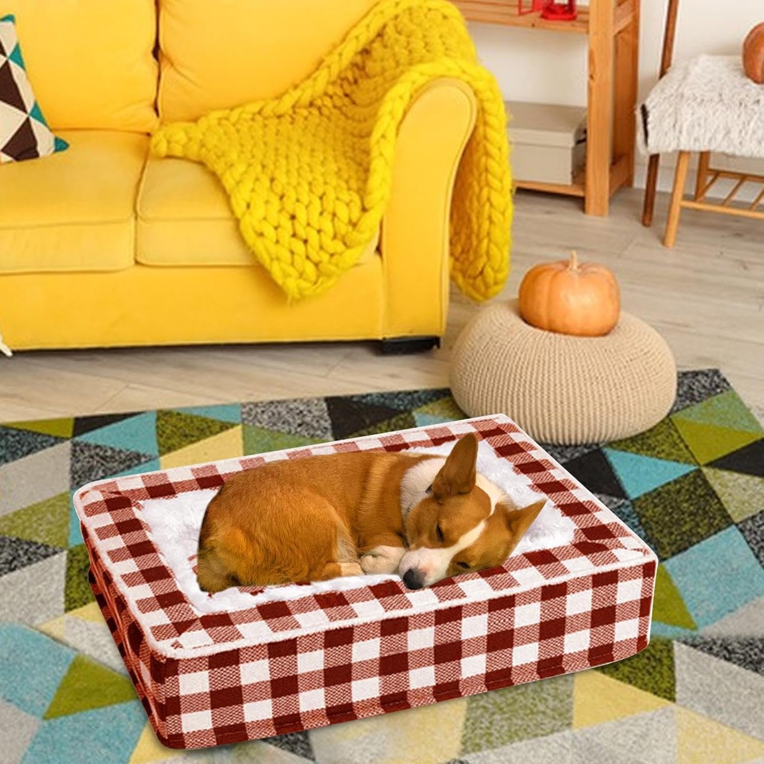 正方形のペットベッド - 軽量の犬の睡眠マット、取り外し可能な犬の家具|柔らかい犬のソファ洗える犬のベッド、タータンパターンの居心地の良い犬の抗不安鎮静ベッド、小さな用快適な洗えるベッド - 이미지 2